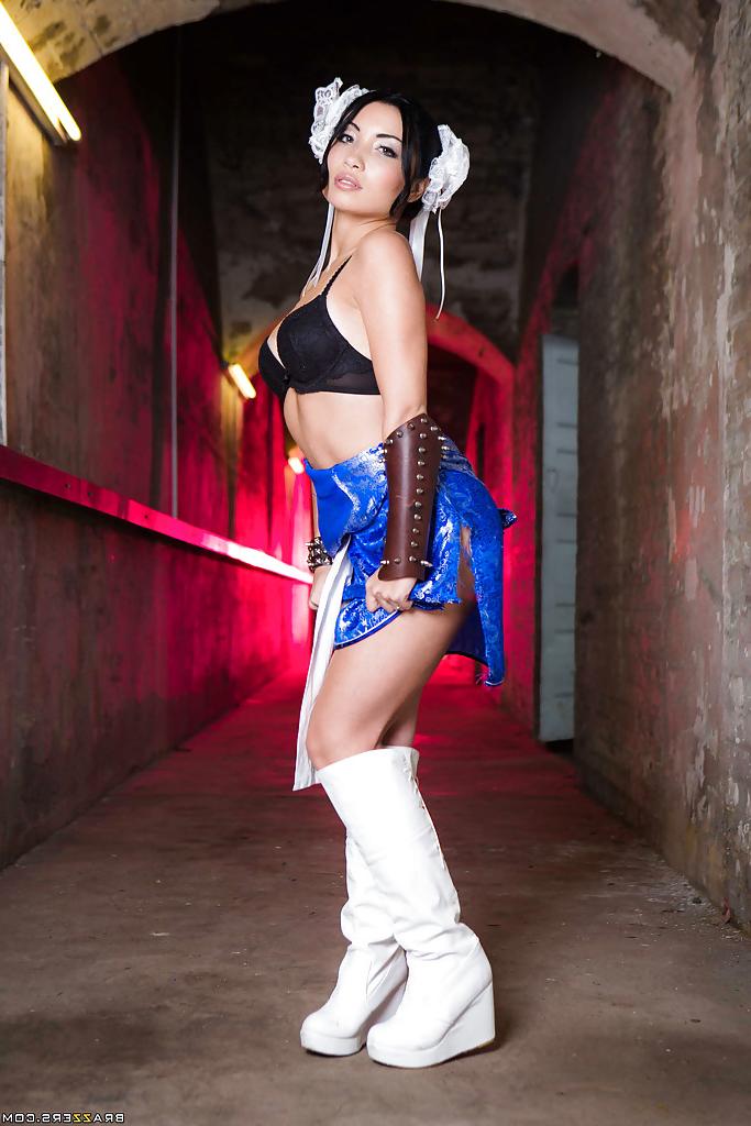 16P Asian solo girl Lily Love freeing small tits from cosplay uniform outdoors