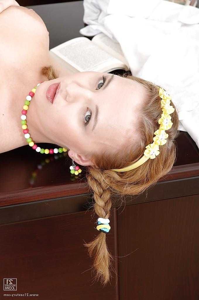 16P Alluring teen with pigtails uncovering her frolic curves at her work place