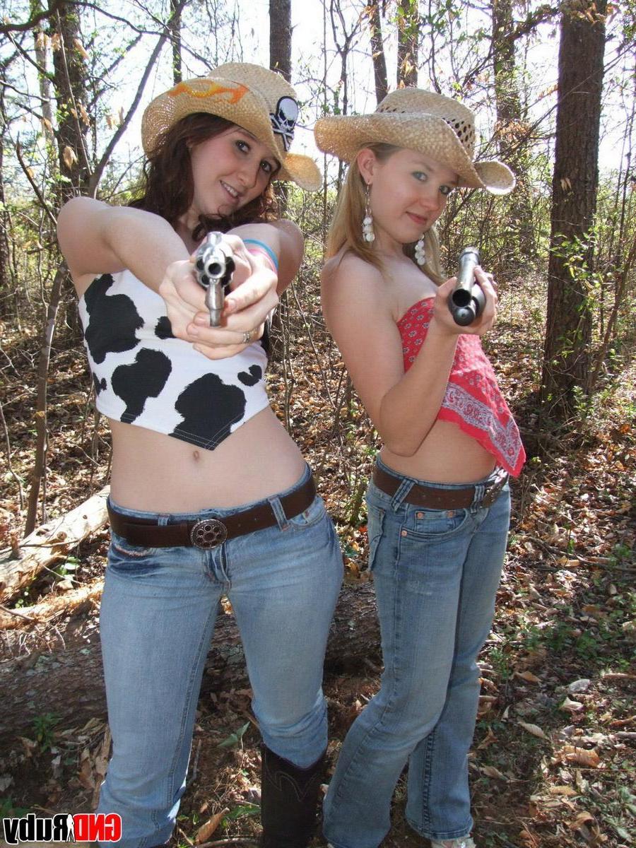 12P Hot teens Ruby and Shelby play cow girls outdoors in the forest exposing their perky tits