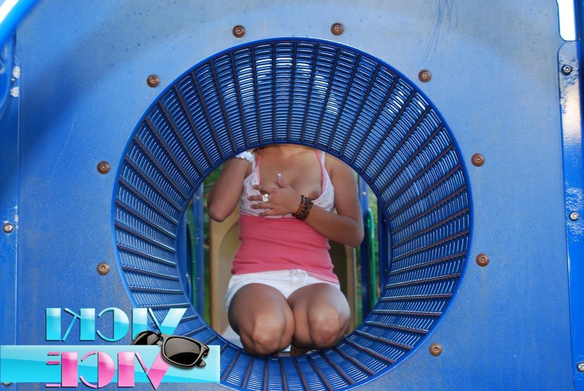 16P Girl flashing at public playground outdoors