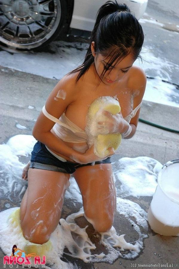 15P Perscilla gets all wet while she washes a car