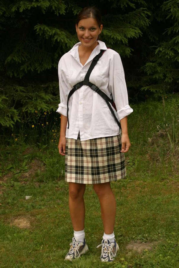 18P Teen drops striped panties outdoors in the woods