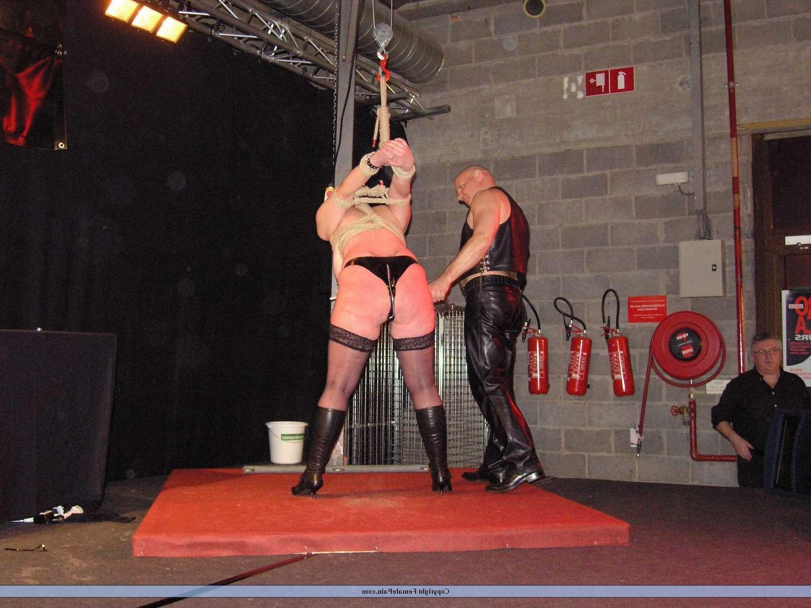 16P Blonde amateur slavegirls public bdsm and kinky fetish spanking on stage at a fe