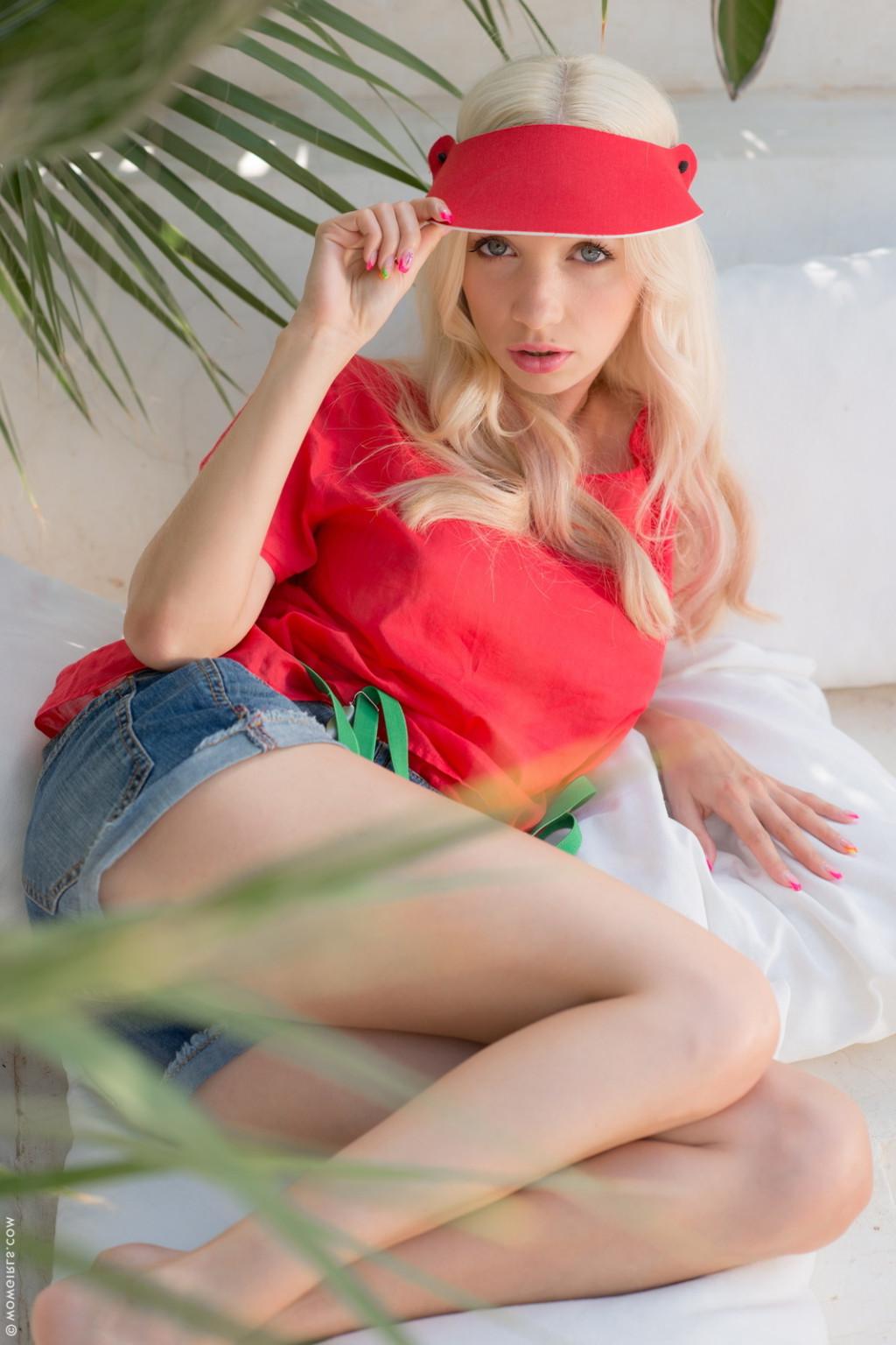 15P Busty petite blonde babe Nancey teasing in panties outdoors