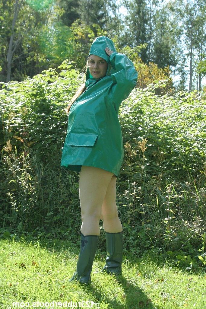 20P Rainwear and rubber boots fetish with wet pussy outdoors