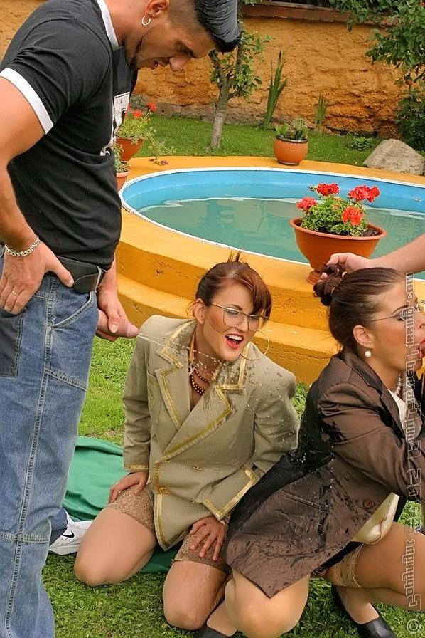 16P Crazy glamour ladies drinking piss like water outdoors