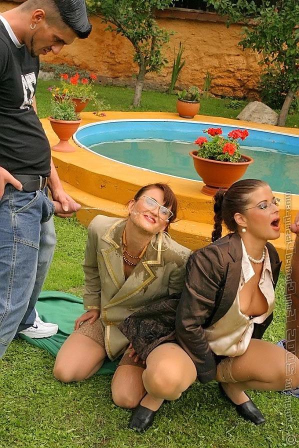 16P Crazy glamour ladies drinking piss like water outdoors