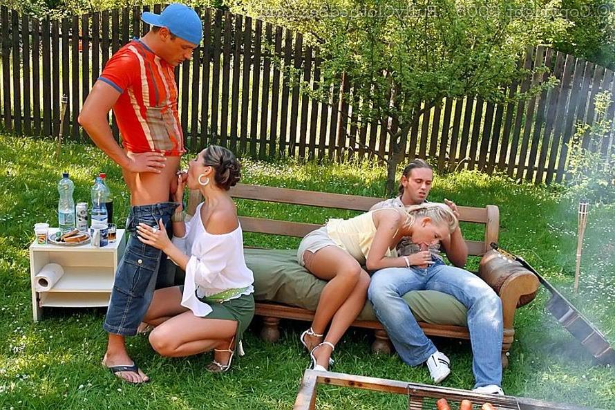 16P Babes sharing two hard cocks at outdoor party