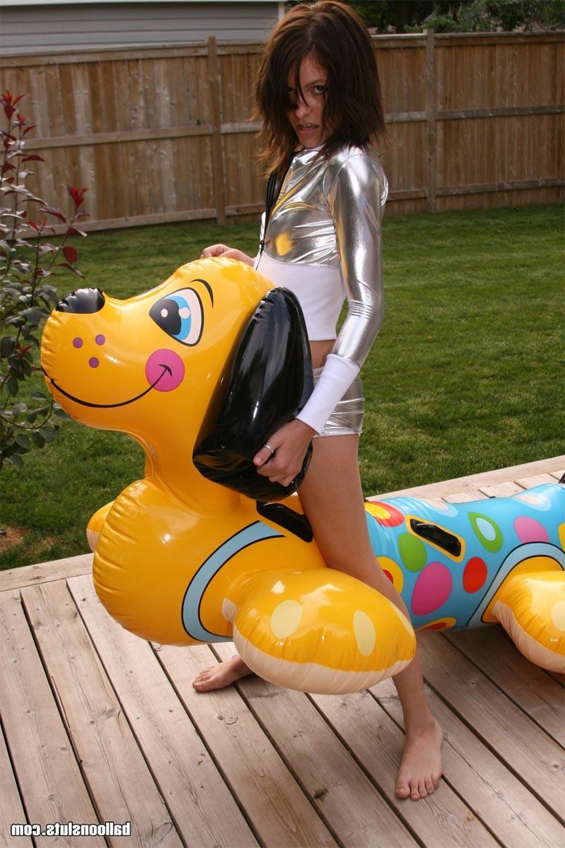16P Teen outdoors in shiny outfit humps pool toy