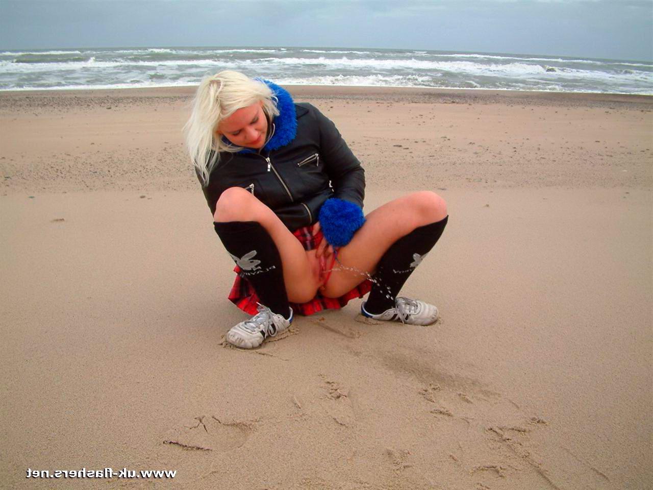 16P Public pissing on the beach and flashing by blonde English amateur Chaos taking 