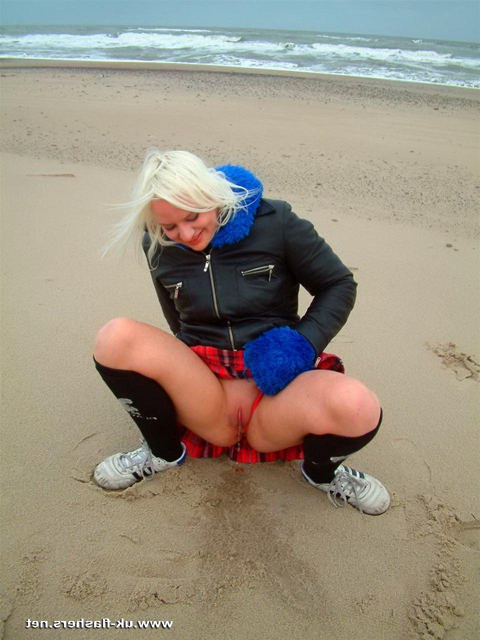 16P Public pissing on the beach and flashing by blonde English amateur Chaos taking 