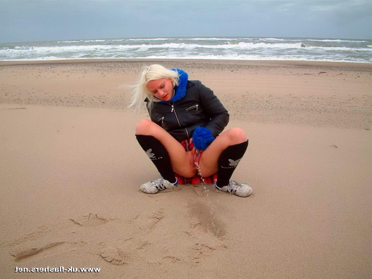 16P Public pissing on the beach and flashing by blonde English amateur Chaos taking 