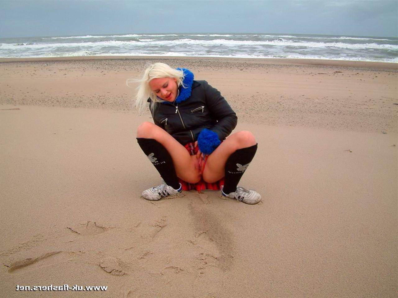 16P Public pissing on the beach and flashing by blonde English amateur Chaos taking 