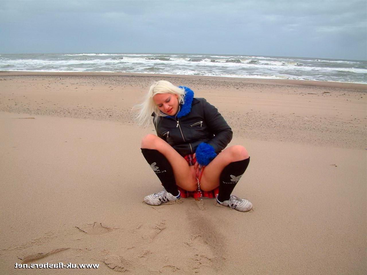 16P Public pissing on the beach and flashing by blonde English amateur Chaos taking 
