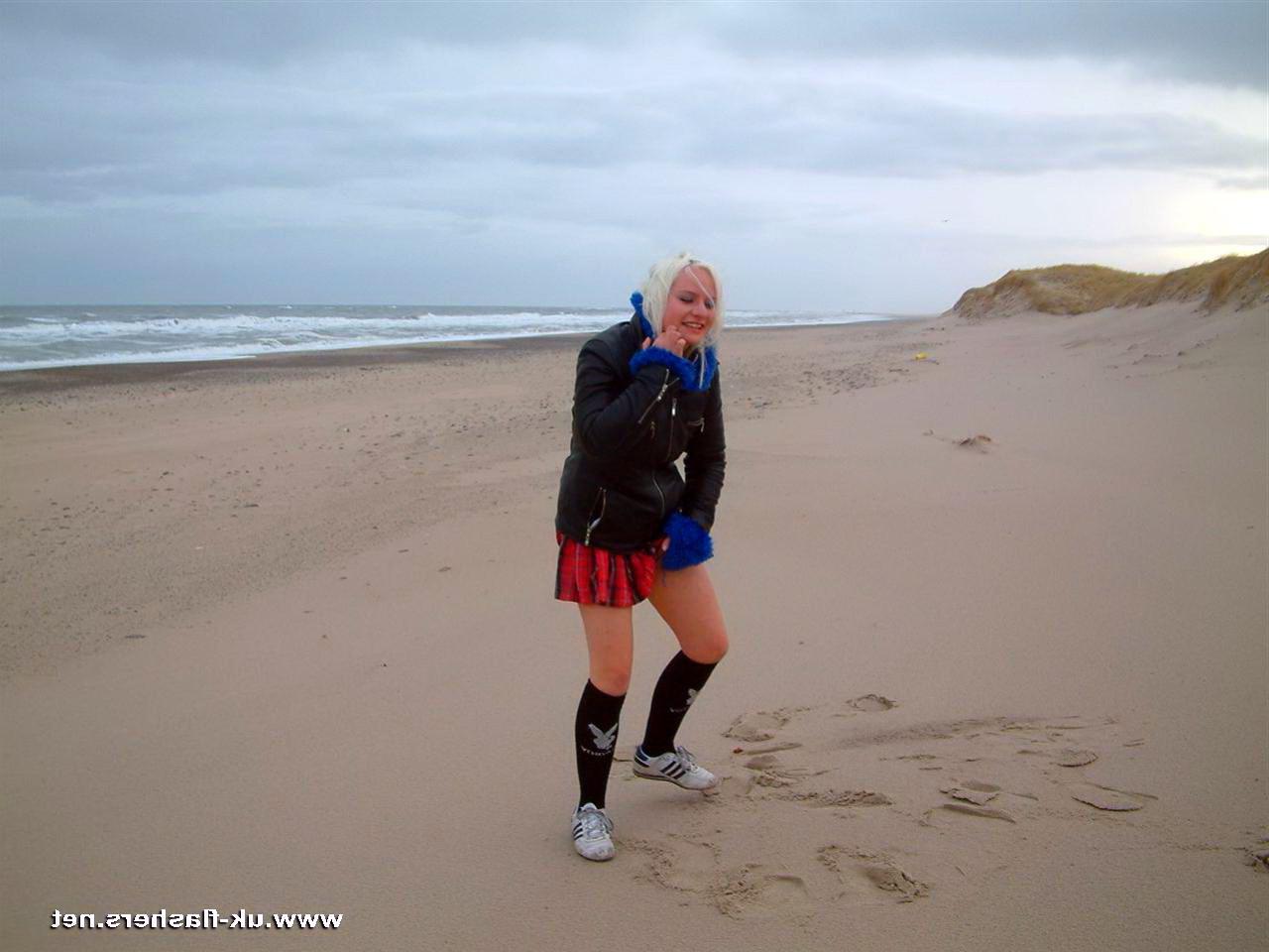 16P Public pissing on the beach and flashing by blonde English amateur Chaos taking 