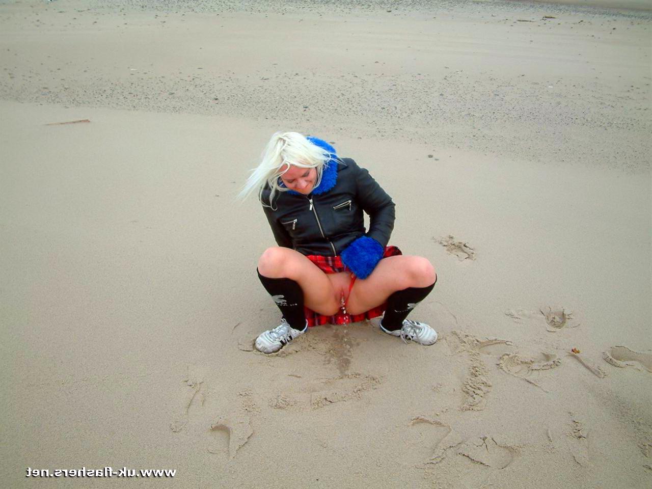 16P Public pissing on the beach and flashing by blonde English amateur Chaos taking 