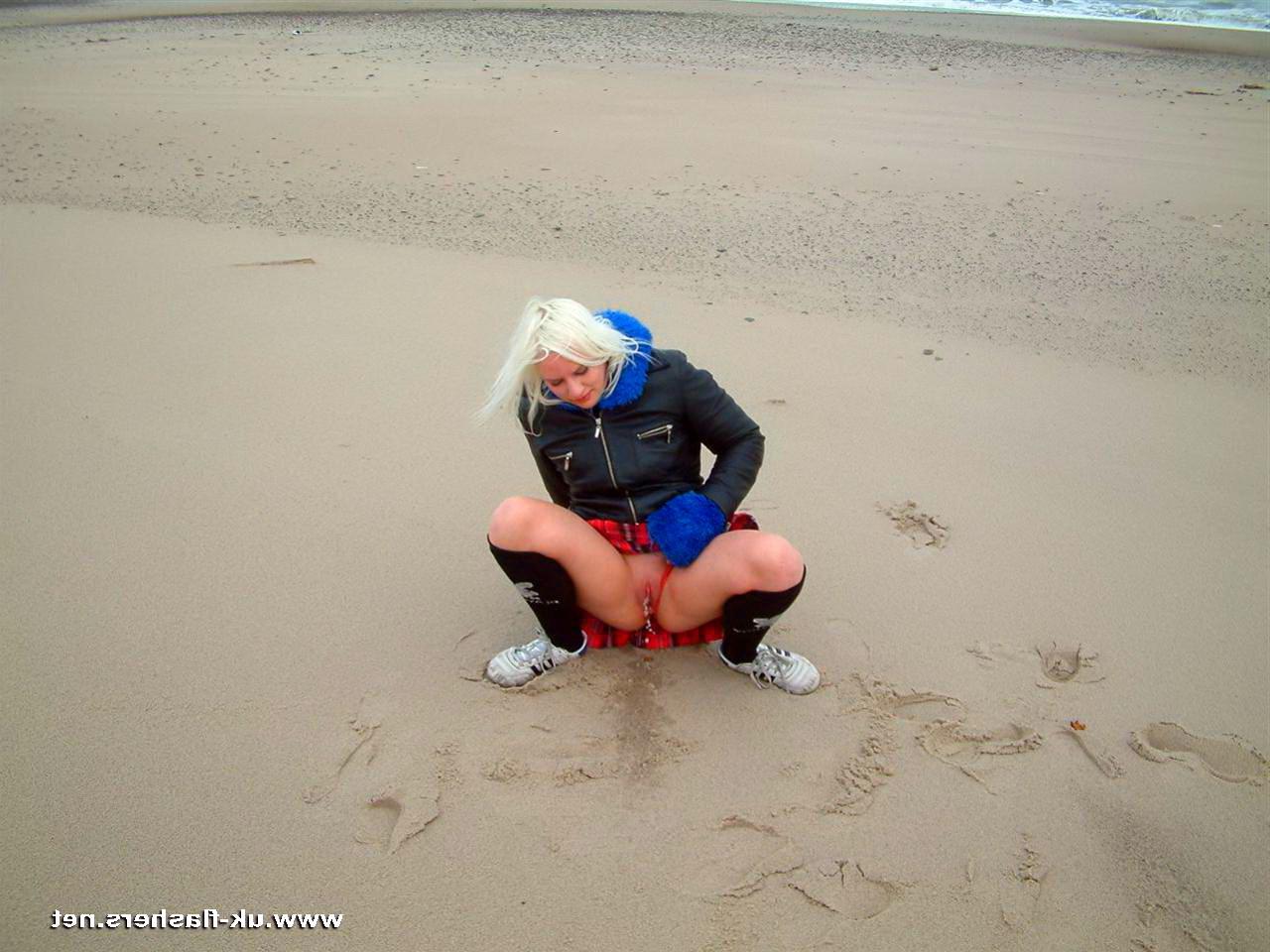 16P Public pissing on the beach and flashing by blonde English amateur Chaos taking 