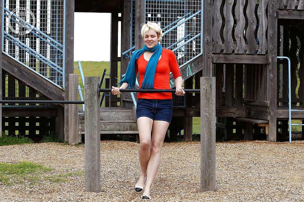 16P Amateur blonde toys her hairy cunt in a public place