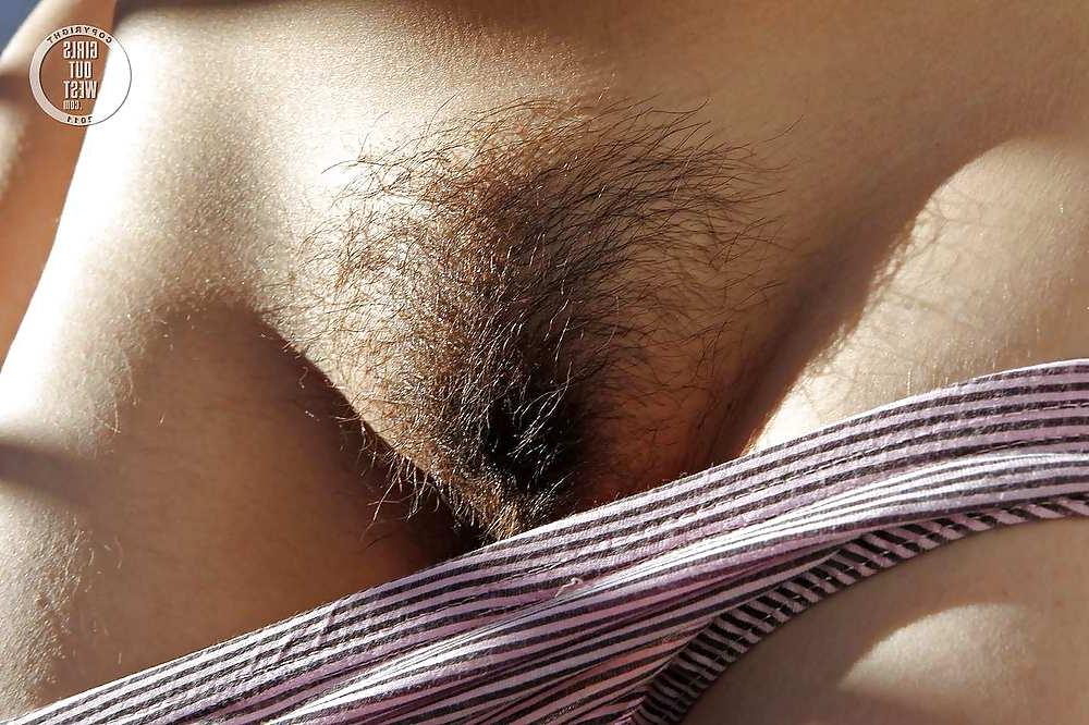 15P Amateur brunette exposing her hairy pussy outdoors