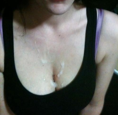 9P Amateur Girls taking cum on Cleavage wearing a shirt