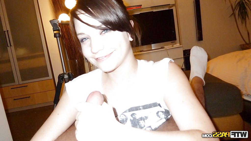 16P Nasty brunette amateur with lovely face sucking and jerking a hard cock