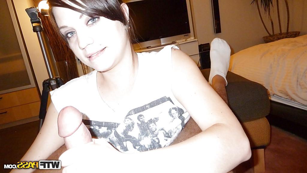 16P Nasty brunette amateur with lovely face sucking and jerking a hard cock