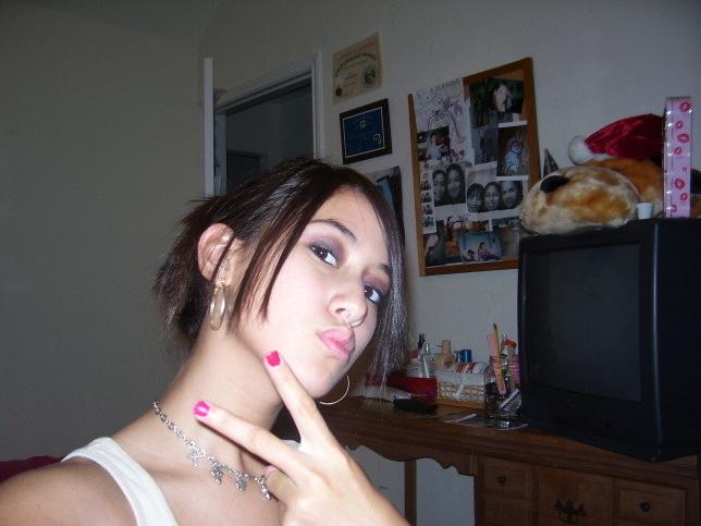 15P Hot brunette teen with nice tits strips down and poses topless then sucks cock f