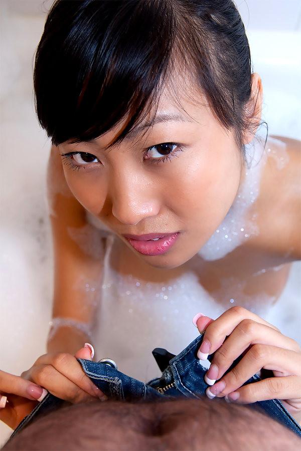 16P busty amateur asian having a bath and sucking a big cock