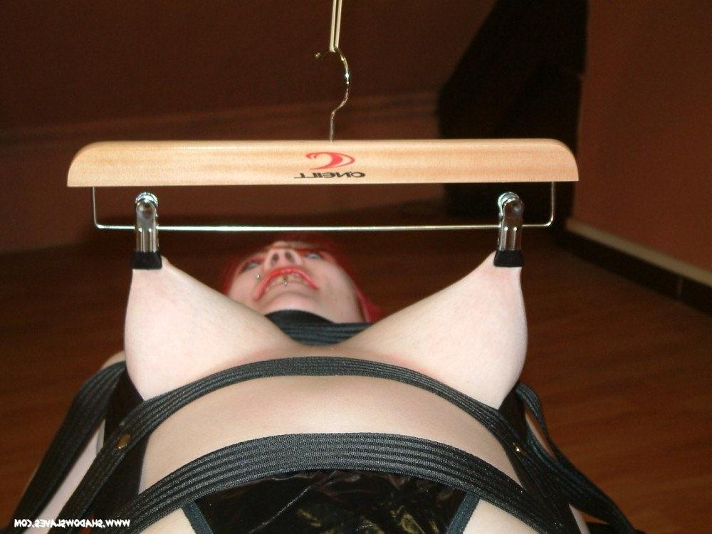 16P Redheaded amateur bdsm slavegirl Persephone in bondage and metal clamped tit tor