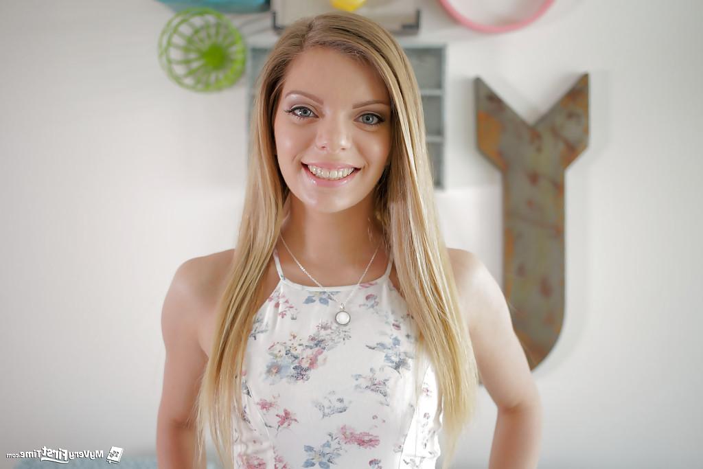 16P Cute amateur blonde Trisha Parks posing solo in summer dress and panties
