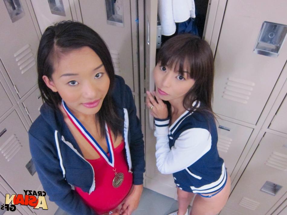 16P Young Asian amateur Alina Li and friend flashing flat chests in change-room
