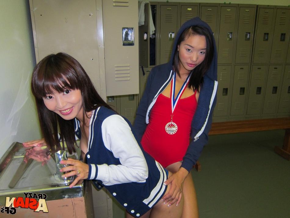 16P Young Asian amateur Alina Li and friend flashing flat chests in change-room