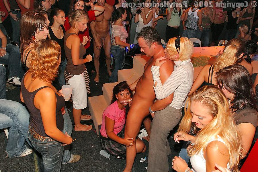 16P Lecherous amateur gals jerking and sucking hard male strippers' cocks