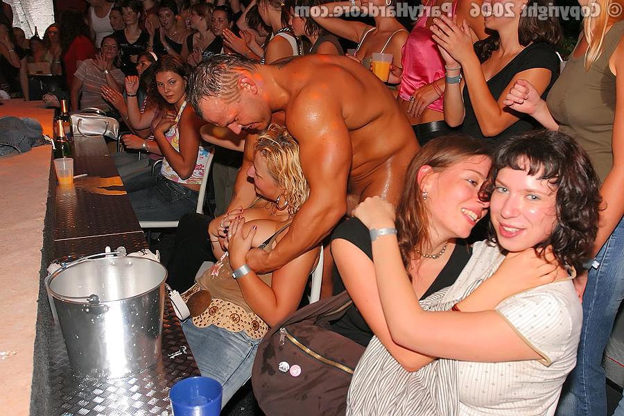 16P Lecherous amateur gals jerking and sucking hard male strippers' cocks