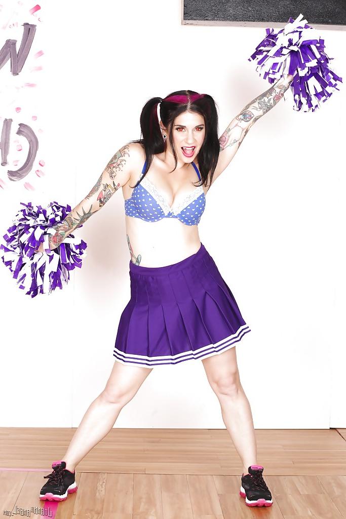 15P Amateur upskirt posing with a hot babe Joanna Angel in her cheerleader suit