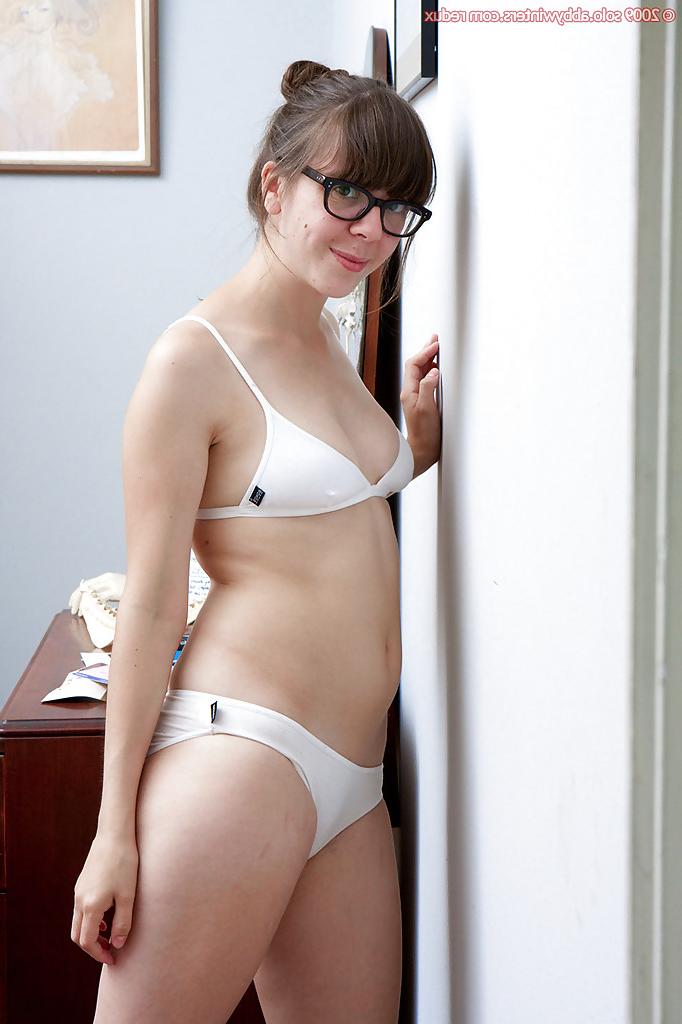16P Nerdy amateur in long socks and white panties flashes hairy cunt