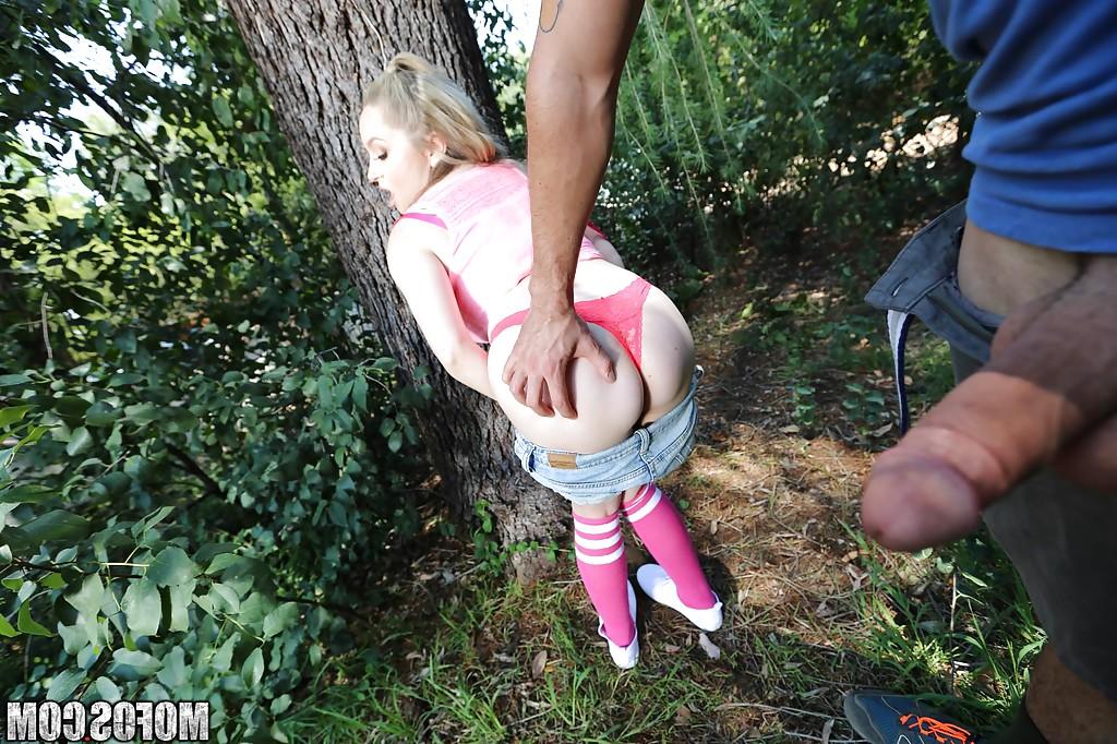16P Amateur slut Aiden Starr getting banged in the woods wearing knee socks