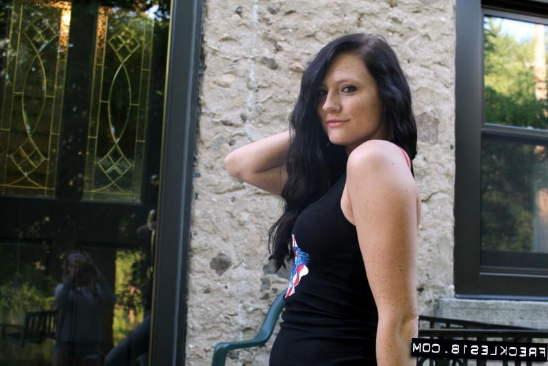 12P Amateur hot teen Freckles in yard flaunting nice tits wearing white panties