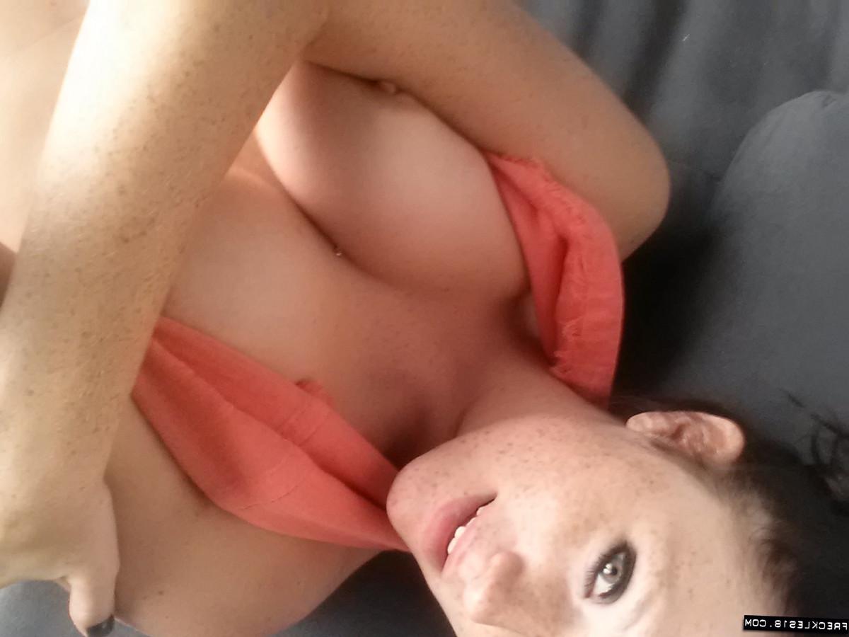 12P Selfies of amateur Freckles showing hot teen tits & sheer panties close up