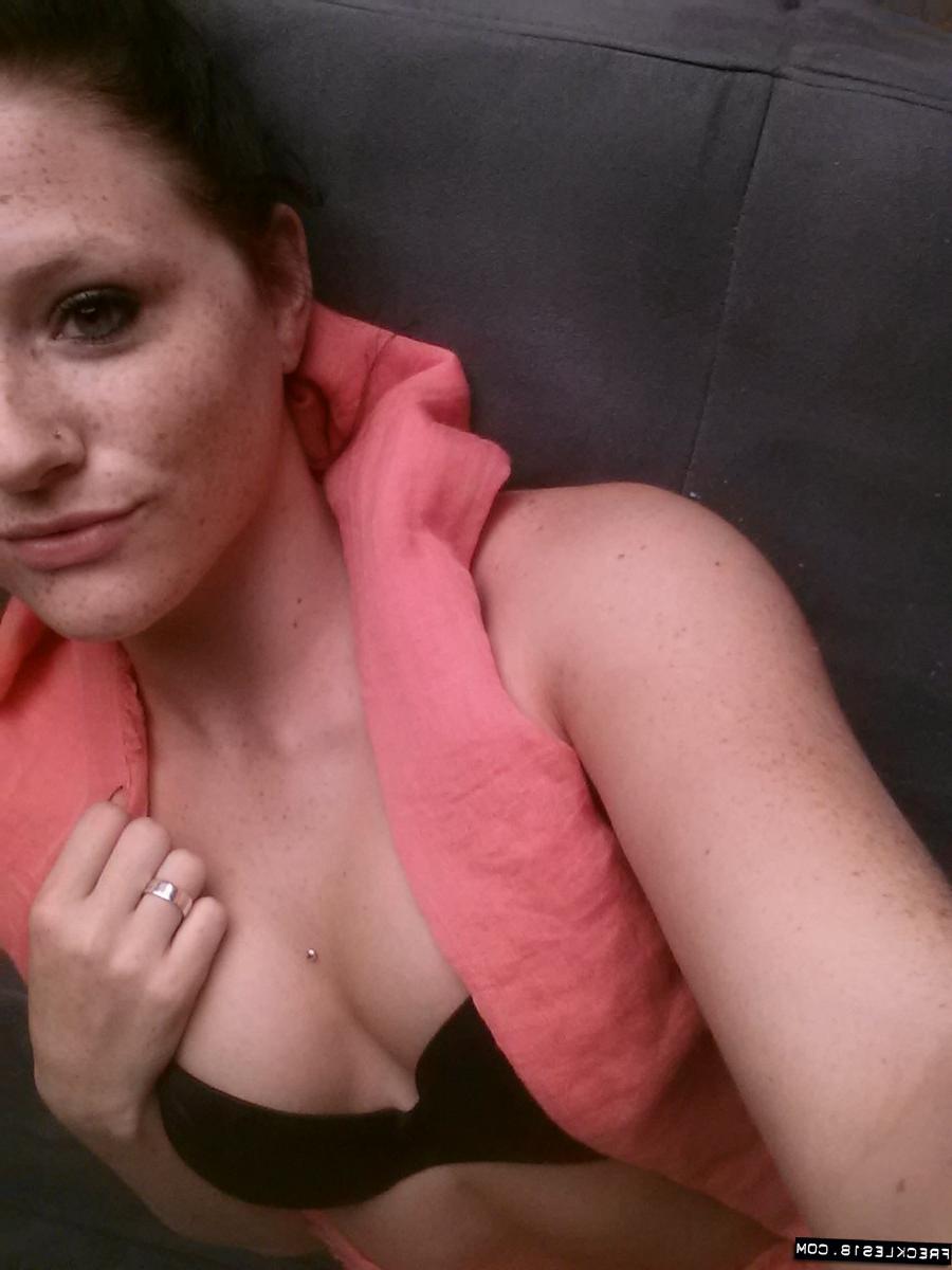 12P Selfies of amateur Freckles showing hot teen tits & sheer panties close up