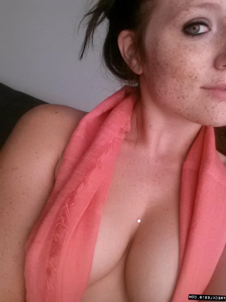12P Selfies of amateur Freckles showing hot teen tits & sheer panties close up