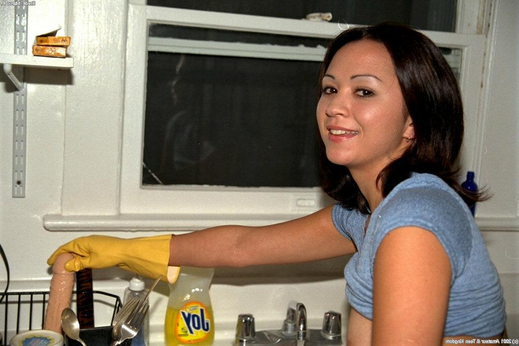 16P Latina amateur Lokelanie petting hairless cunt in kitchen with rubber gloves