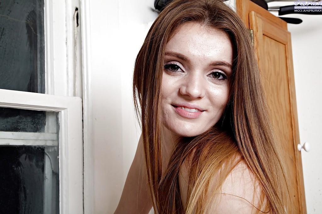 16P Teen amateur Stacey Leann playing with pink twat after disrobing in kitchen