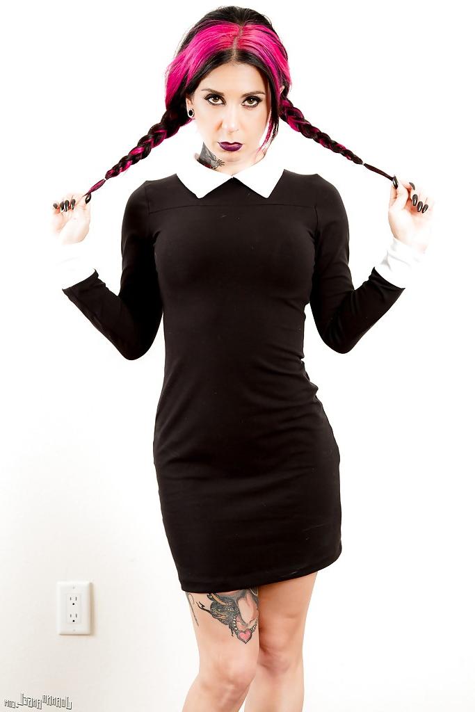 16P Clothed amateur MILF Joanna Angel reveals big tits and tattoos in pigtails