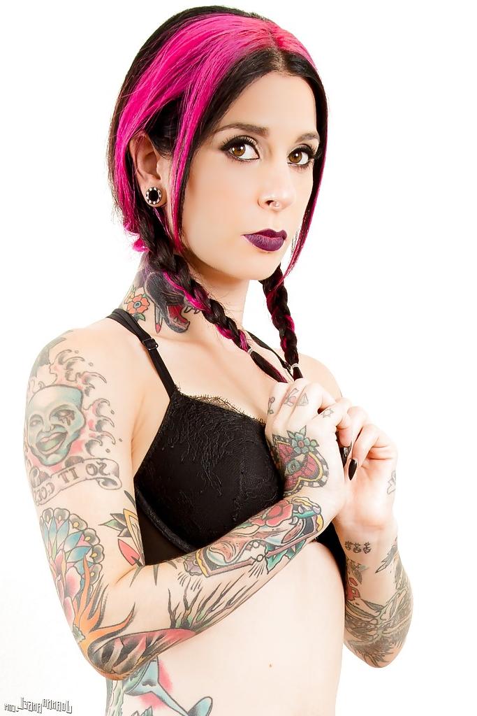 16P Clothed amateur MILF Joanna Angel reveals big tits and tattoos in pigtails