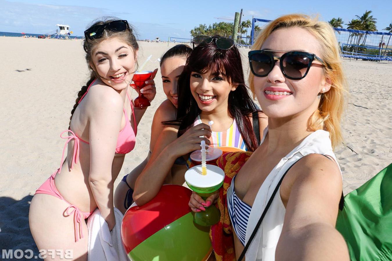 12P Hot coed Gina Valentina gets her friends to the beach for a hot reverse gangbang