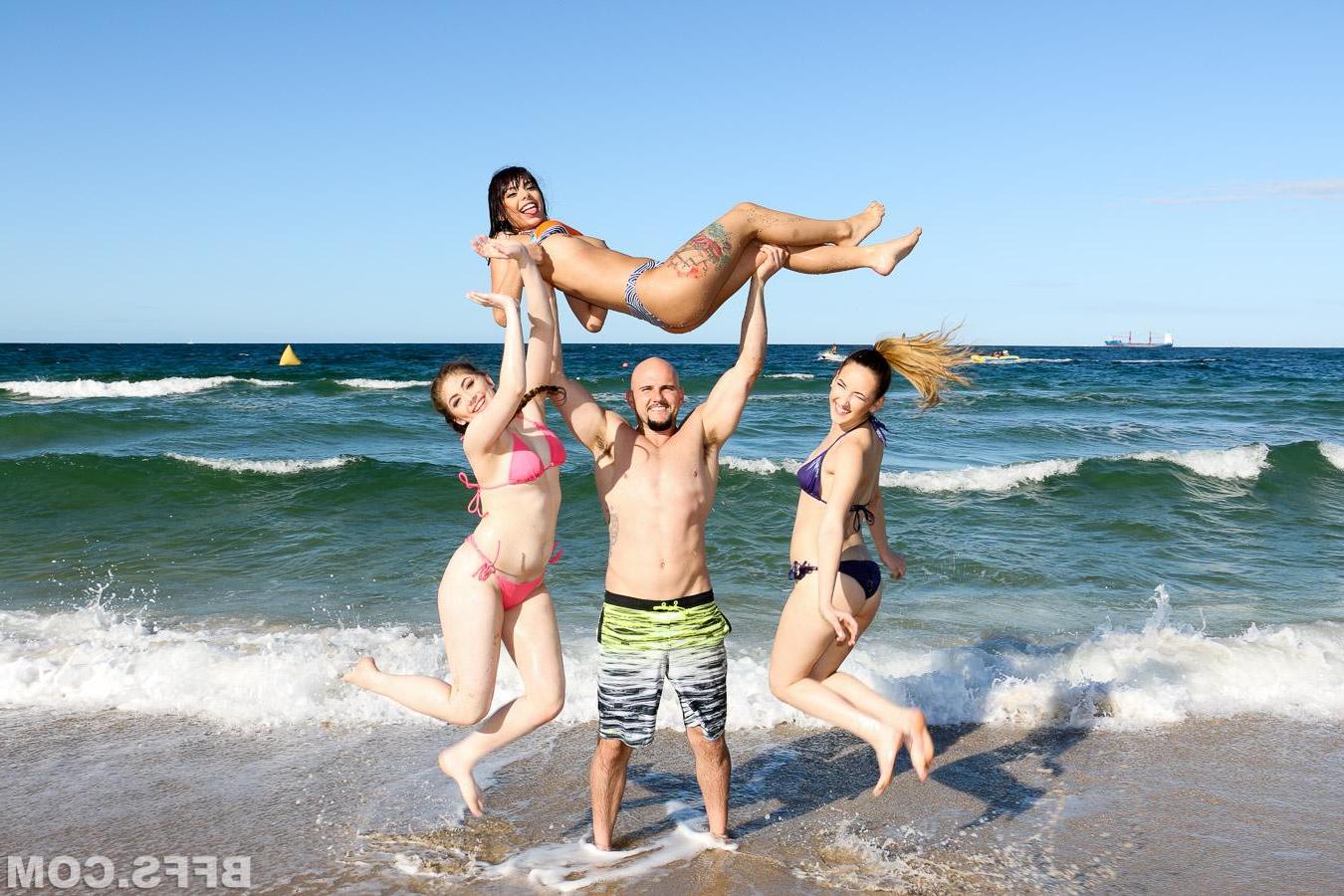 12P Hot coed Gina Valentina gets her friends to the beach for a hot reverse gangbang