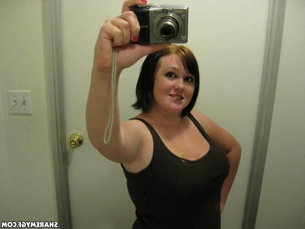 12P Chubby girlfriend takes selfshot pictures of her big natural tits in the mirror
