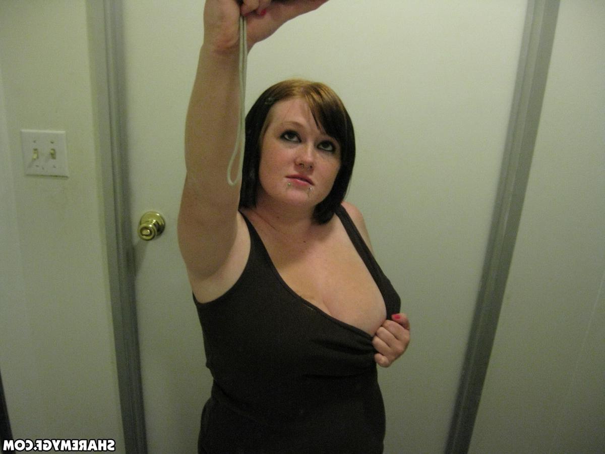 12P Chubby girlfriend takes selfshot pictures of her big natural tits in the mirror