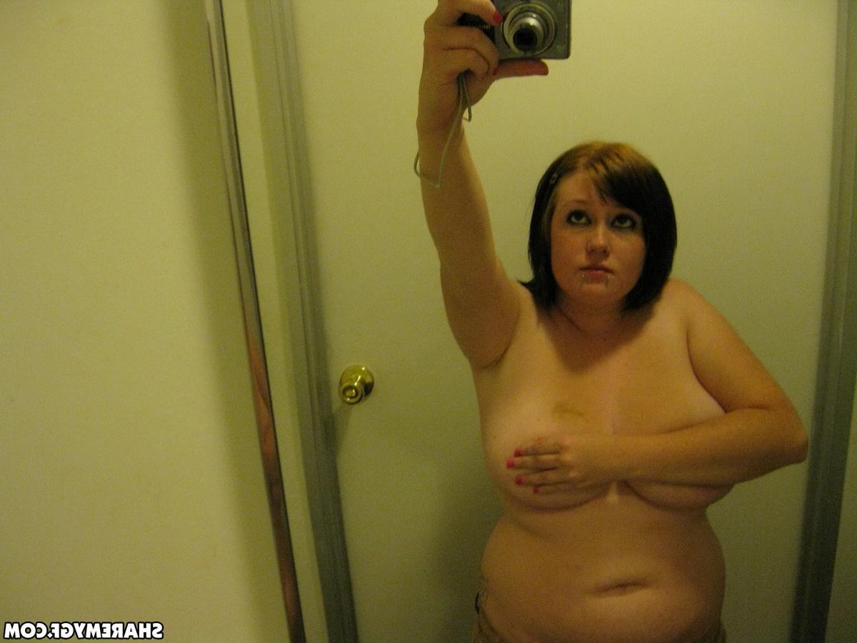 12P Chubby girlfriend takes selfshot pictures of her big natural tits in the mirror